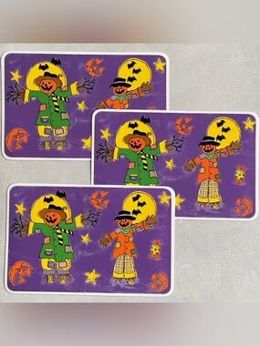 90s Vintage Set of 3 Vinyl Happy Halloween Scarecrow Placemats Jack-o-lanterns